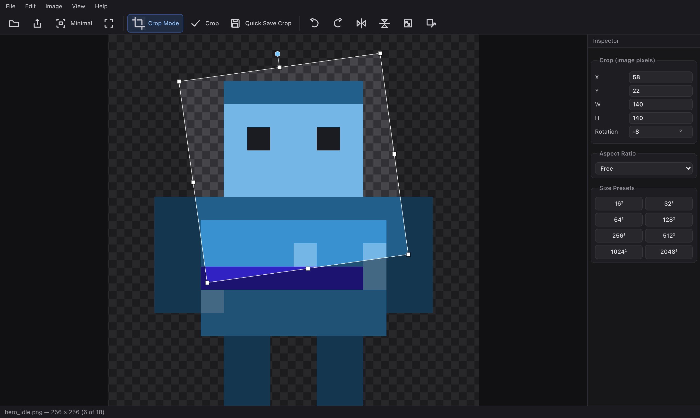 Crop mode with a rotated region and the inspector panel