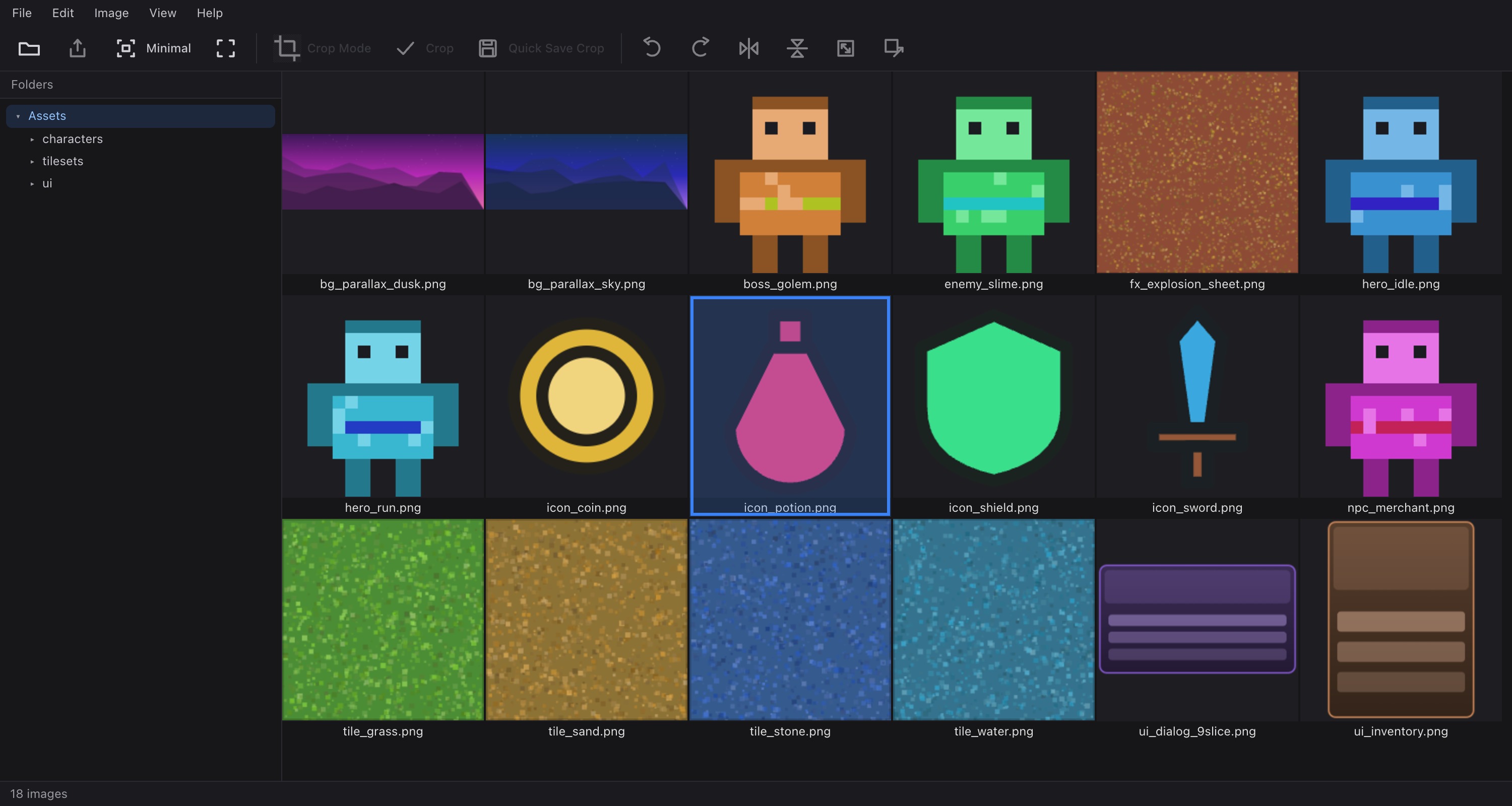 CropViewer running in a browser: a folder tree, a grid of game-asset thumbnails with file names, and the toolbar